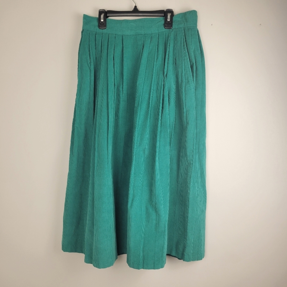 Vintage Kelly Green Pleated Maxi Corduroy A-line Full Skirt Pockets Cottagecore